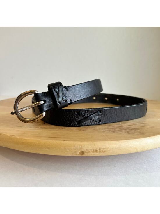 Ralph Lauren Black Genuine Leather Weaved Thin Skinny Silver Buckle Belt Size M